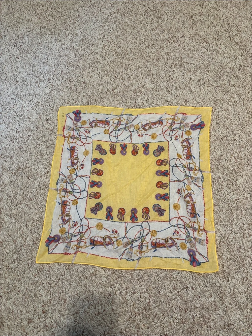 Celine Yellow White Equestrian Print Silk Scarf
